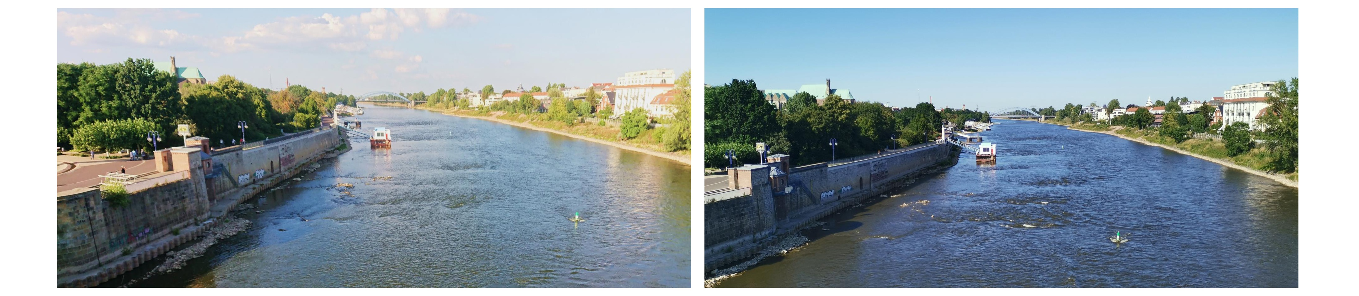 Blick von der Strombrücke in Magdeburg flussabwärts. Links am 09.08.2018 bei einem Wasserstand von 50 cm, rechts am 26.07.2019 bei einem Wasserstand von 53 cm. Quelle: Daniel Graeber (UFZ)